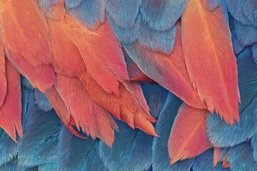 Obraz premium Close-up view of vibrant bird feathers. Colorful plumage in shades of coral and blue. Detailed texture of overlapping feathers