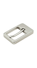Pristine silver-colored geometric center bar buckle, isolated on a pure stark white background in a high-key studio, ultra photorealistic with sharp focus. Concept of industrial elegance