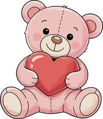 Adorable Pink Teddy Bear with Red Heart, Valentine’s Day Toy Illustration, Cuddly Stuffed Animal, Love Gift, Cute, Romantic, Plush