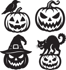 Halloween Pumpkins Silhouettes Collection, Jack-o'-Lantern Icons, Witch Hat, Crow, Black Cat