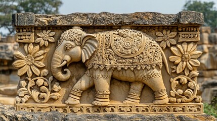 Carved elephant relief on stone panel