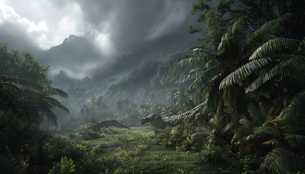 Ferns and cycads rustling as reptiles run across stormy plain