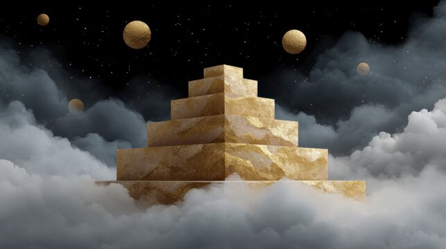 Golden terraced structure with celestial spheres floating in clouds beneath a starry night sky