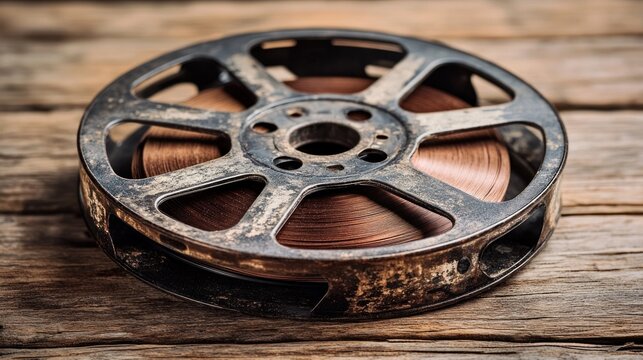 Aged film reel on rustic wooden table - Powered by Adobe