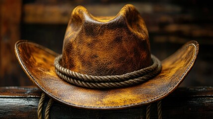 Aged brown leather cowboy hat with rope band