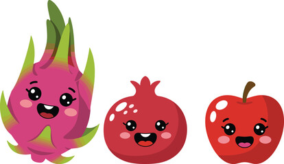 Cartoon fruit characters, dragon fruit, apple, pomegranate, smiling faces, cute style, healthy food concept, colorful design, cheerful illustration, isolated white