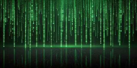 Digital rain matrix effect with green binary code streaming down abstract background