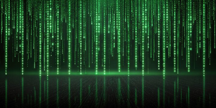 Digital rain matrix effect with green binary code streaming down abstract background