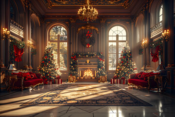 Obraz premium Captivating holiday living room with panoramic windows and professionally styled seasonal displays 