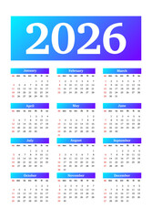 Calendar for 2026 isolated on a white background