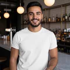 Fototapeta premium a 20 year old handsome smiling young man wearing a blank white t-shirt and jeans at a bar. standing, fashion, modern, lifestyle, urban, millennial, person, human, trendy, portrait, relaxed, cool