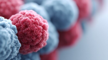 Close up abstract view of textured spherical objects in shades of pink and blue