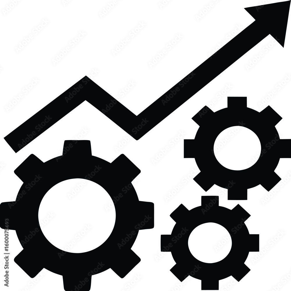 Poster three interlocking gears with rising arrow isolated on transparent background