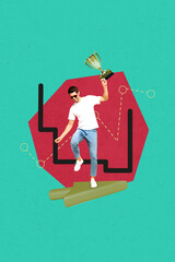 Vertical sketch 3d collage poster of happy businessman hold golden goblet winning career promotion...
