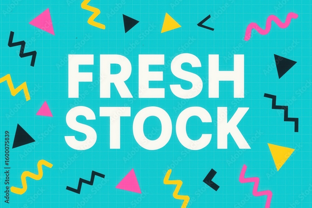 Poster fresh stock text on a vibrant teal background with colorful geometric shapes and a grid pattern, con