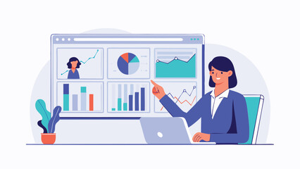 Woman presenting data charts on a screen with laptop and plant in a bright and modern office space