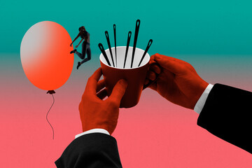 Banner full image art collage of hands hold coffee cup needle bankruptcy problem sportswoman jump...