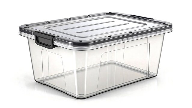 Transparent plastic storage bin container with lid isolated on white background