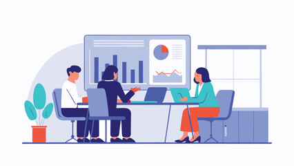 Business meeting with presentation of charts and graphs involving three people in a conference room