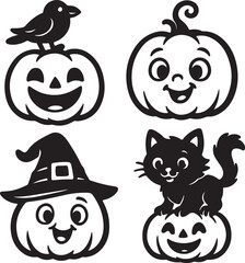 Cute Halloween pumpkins, crow, witch hat, and black cat icons
