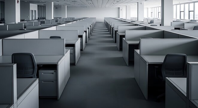 Open plan office space featuring rows of empty modular workstations
