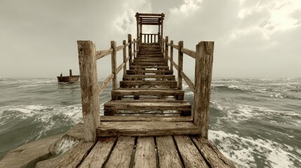 Fototapeta premium Weathered wooden pier with steep stairs ascends into a cloudy sky above choppy ocean waves