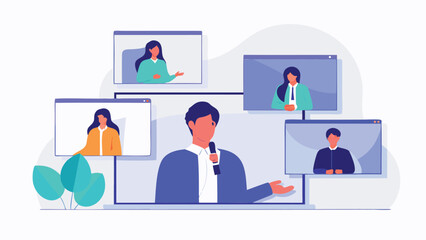 Man presenting to online audience via video conference on laptop with team members attending remotely