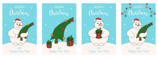 Fototapeta premium Christmas poster set. Vector illustration happy New Year greeting card collection with cute silly snowman and Christmas tree. Simple greeting art. EPS 10
