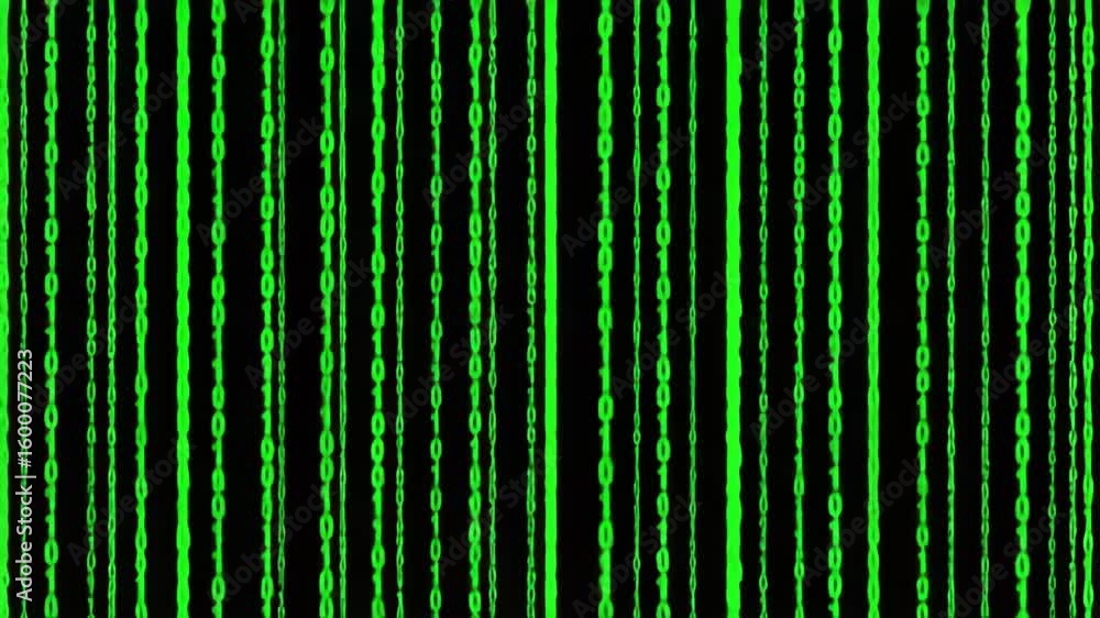 Poster green digital code streams down in a matrix pattern against a dark background, representing technolo