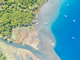 Adakoy coastline drone view in Marmaris Town of Turkey