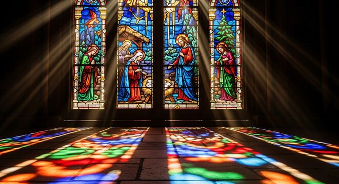 Sunlight streams through stained glass nativity scene illuminating church floor