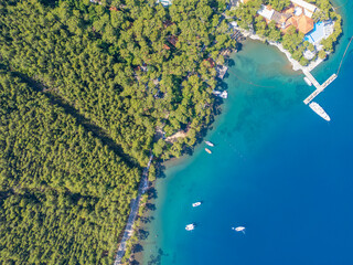 Adakoy coastline drone view in Marmaris Town of Turkey
