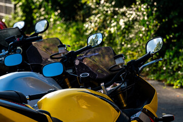Motorcycles parked near lush greenery in bright sunlight.
