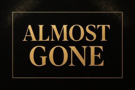 Elegant gold typography reading "Almost Gone" on a black background, framed with a gold border and subtle sparkle effects, ideal for promotional or marketing purposes.
