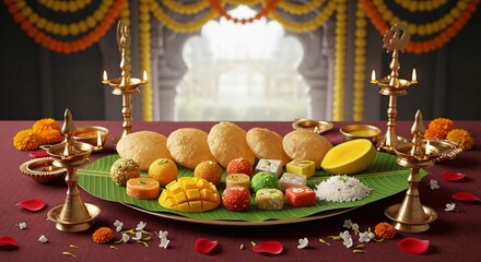 Traditional indian feast with sweets mango and lit lamps for festive occasion
