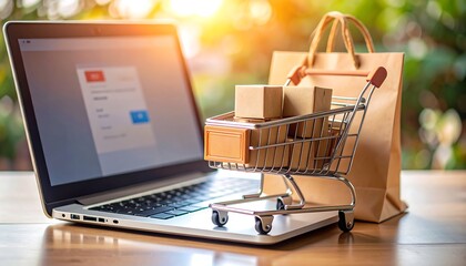 Laptop, shopping cart, and paper bags. Online shopping concept
