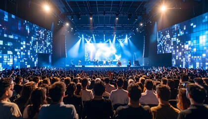 Naklejka premium Crowd Enjoying a Performance with Stage Lighting and Video Screens
