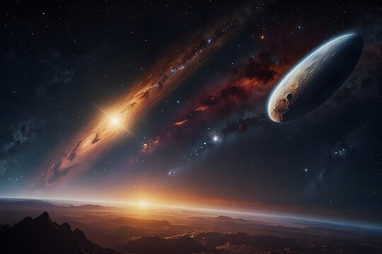 Composite image of a comet passing by a planet like earth