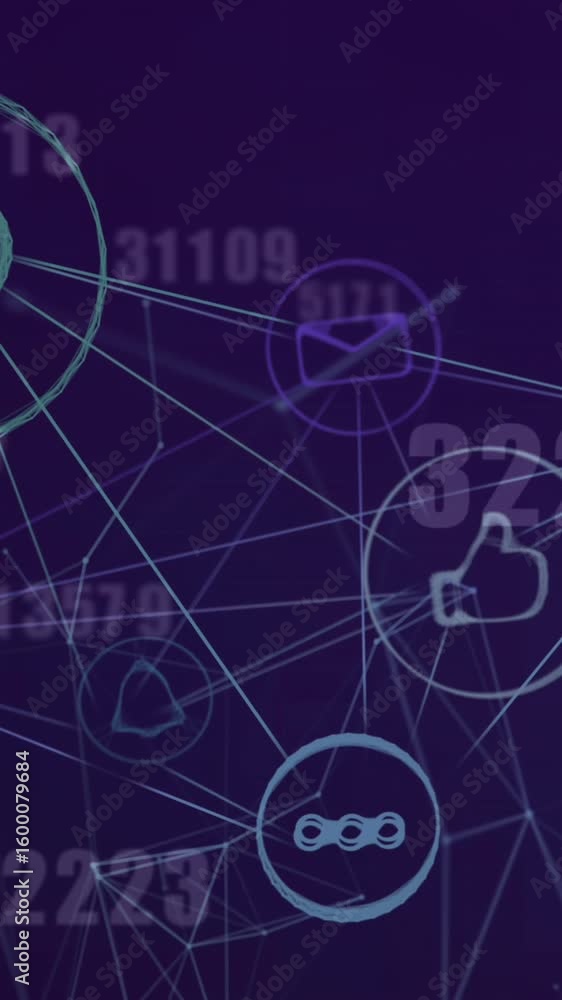 Poster animation of numbers changing over network with digital icons on purple background