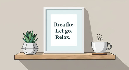 Framed motivational quote Breathe Let go Relax with plant and steaming cup of coffee on shelf