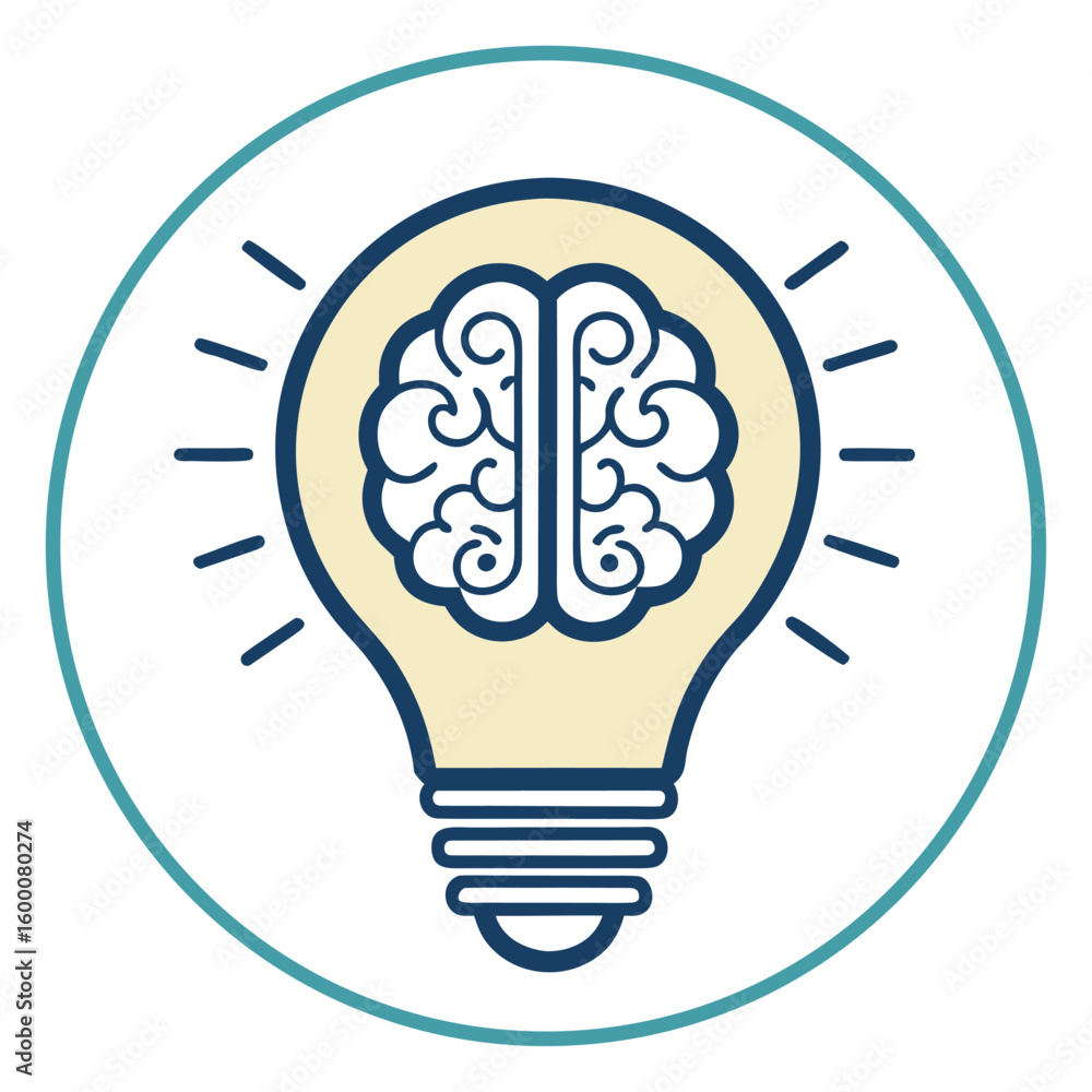 Poster blue and beige stylized brain inside a lightbulb with radiating lines within a teal circle idea