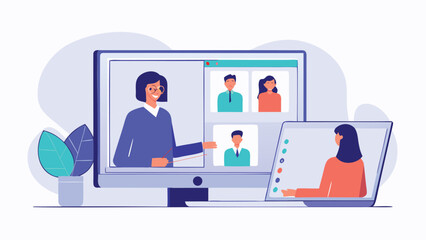 Illustration of a video conference with people on a computer and a laptop screen view, plant aside