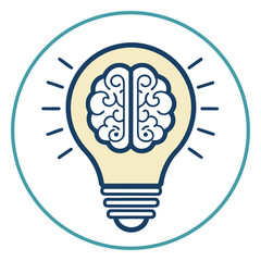 Blue and beige stylized brain inside a lightbulb with radiating lines within a teal circle idea