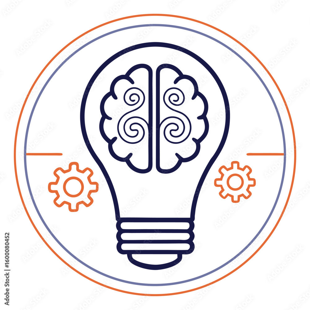 Poster blue and orange outline of a lightbulb with brain inside and gears on the sides within a circular fr