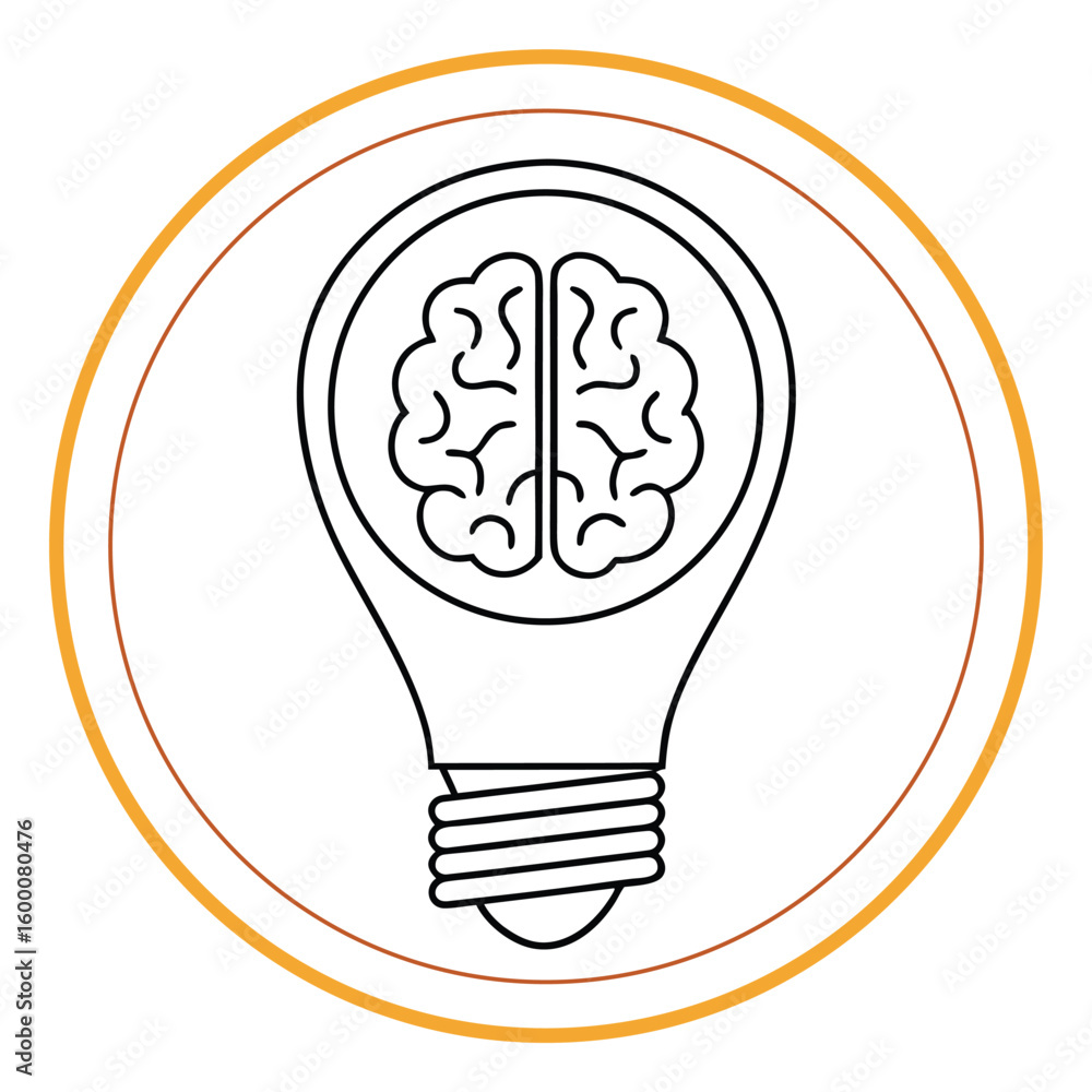 Poster black outline of a lightbulb containing a brain inside with orange and brown circular borders idea