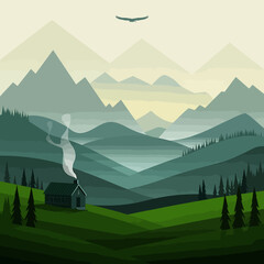 Serene Mountain Landscape with Cabin and Eagle in Minimalist Vector Art Style for Travel and Nature Enthusiasts