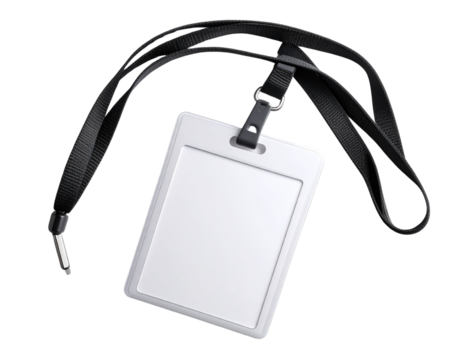 Angled View of Blank Name Badge with Twisted Black Lanyard, Transparent PNG