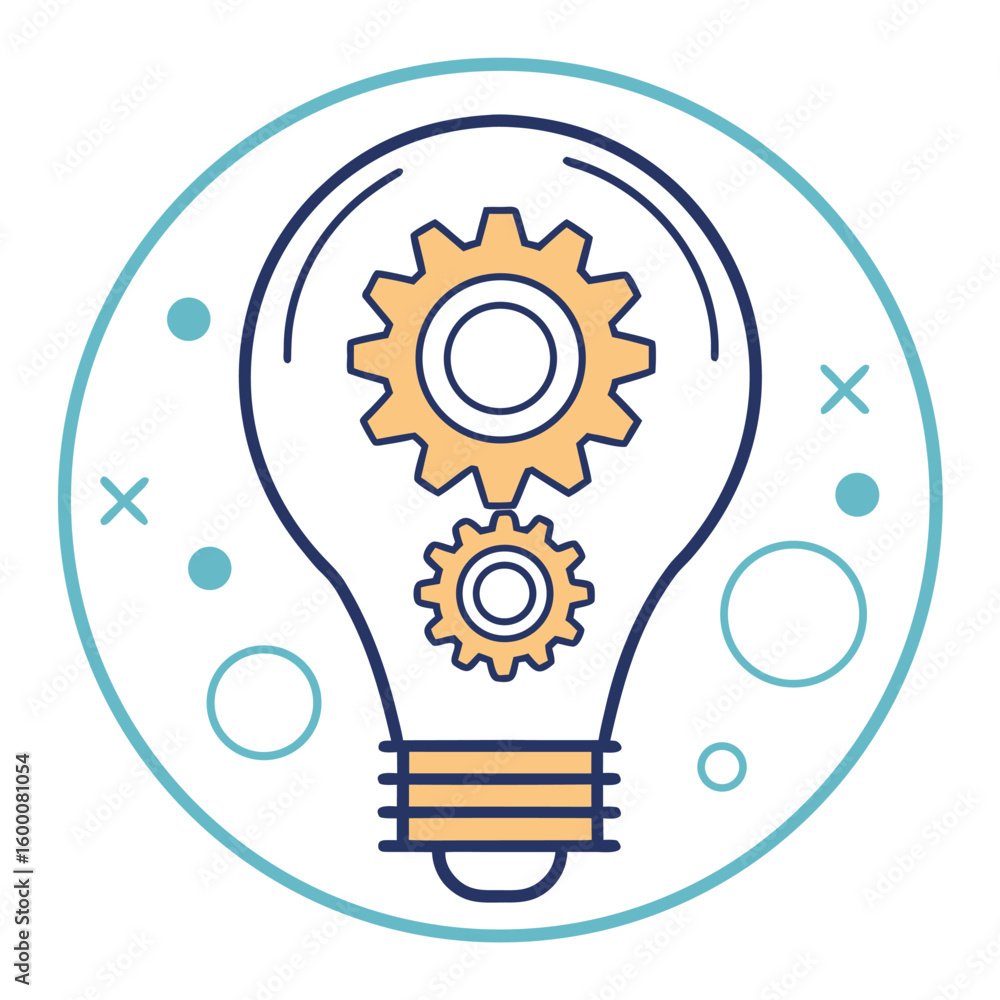 Poster light bulb with gears inside and abstract shapes around it lightbulb mechanism