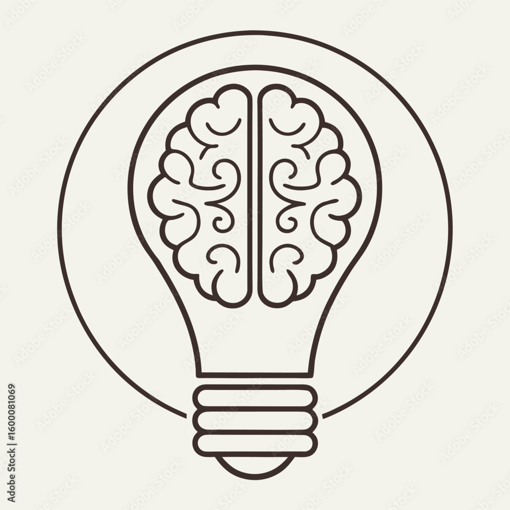 Poster outline of a light bulb with a brain inside on a light beige background lightbulb idea