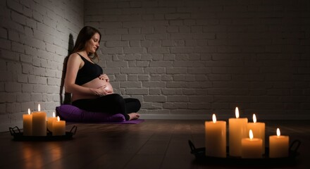 A serene pregnant woman meditating by candlelight, finding tranquility and connection with her unborn baby in a peaceful, dimly lit room.
